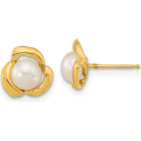14K Yellow Gold Button Stud Earrings with 5-6mm White Cultured Freshwater Pearls by Monteluci Fine Jewelry