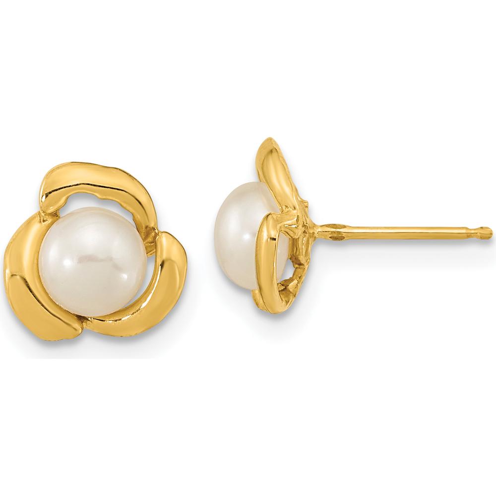 14K Yellow Gold Button Stud Earrings with 5-6mm White Cultured Freshwater Pearls by Monteluci Fine Jewelry