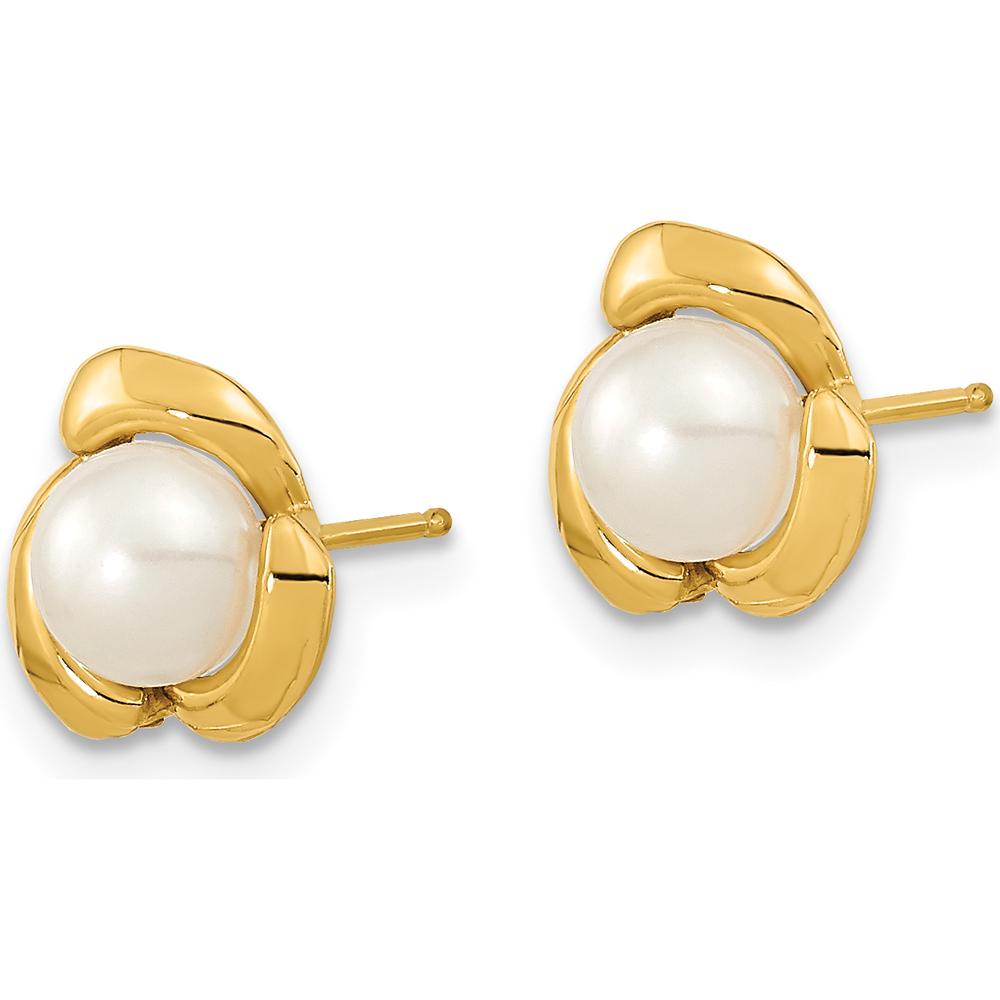 14K Yellow Gold Button Stud Earrings with 5-6mm White Cultured Freshwater Pearls by Monteluci Fine Jewelry