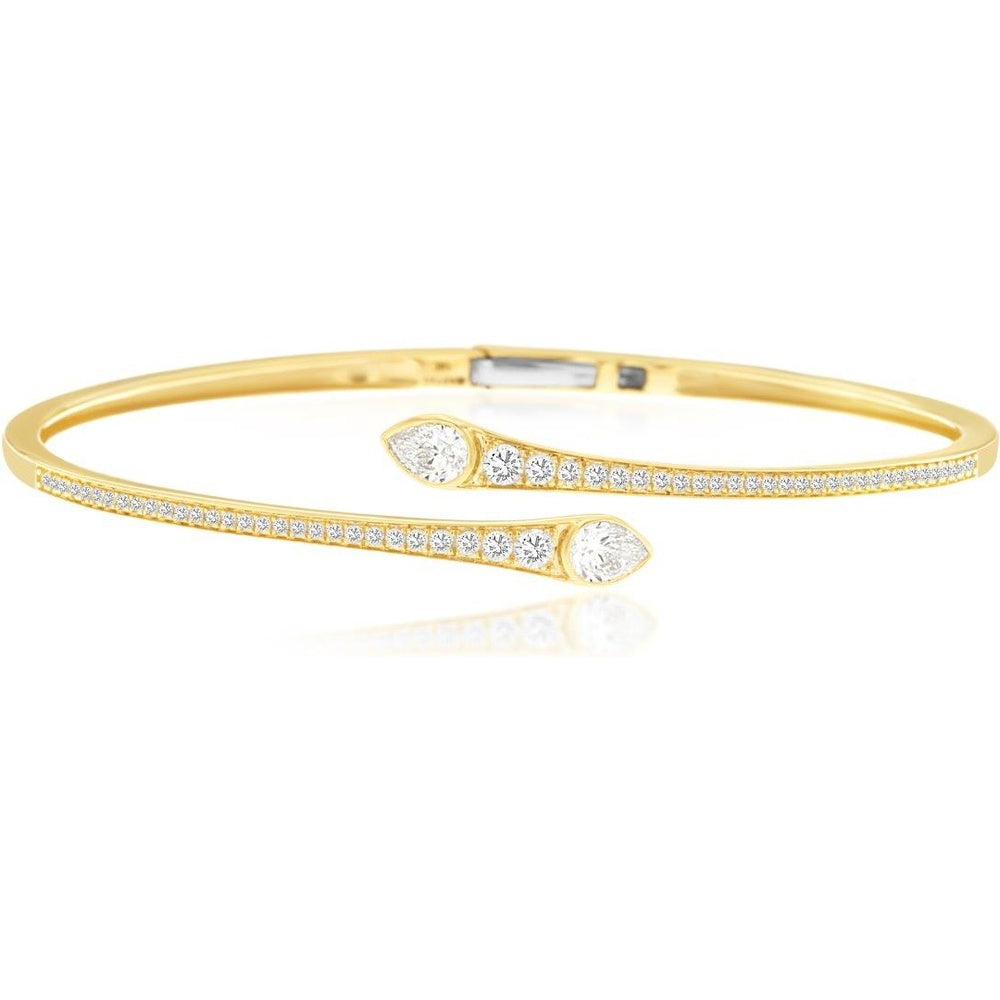 14K Yellow Gold Bypass Bangle with Micro-Pave Round Diamonds and Pear-Shaped Diamond Accents - 1.14 Carat Total Diamond Weight - Royal Jewelry