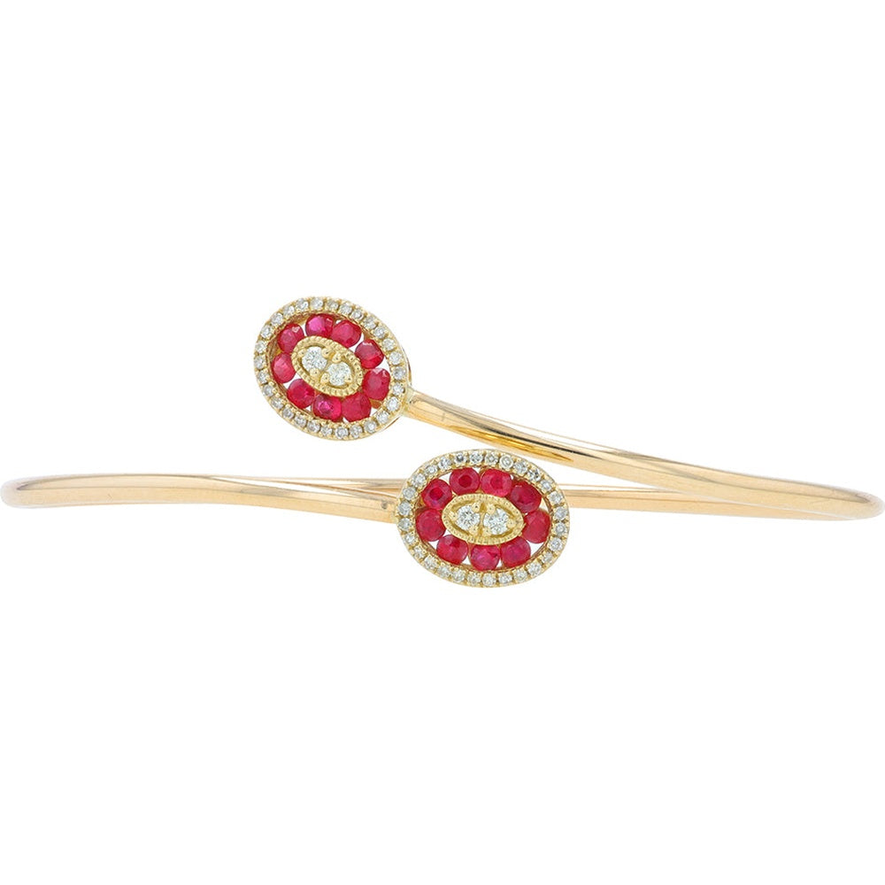 14K Yellow Gold Bypass Bangle with Milgrain Halo Set Round Rubies and Diamonds - 0.75 Carat Total Ruby Weight and 0.30 Carat Total Diamond Weight