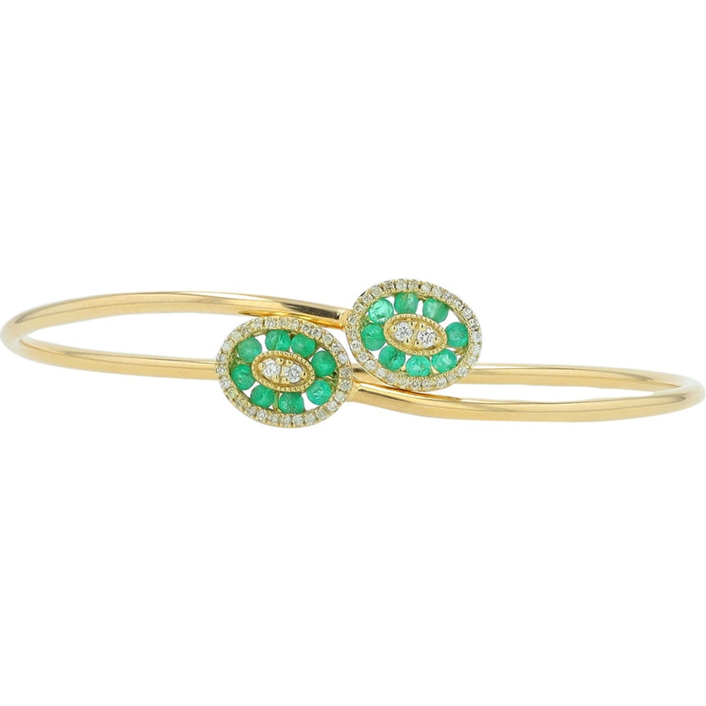 14K Yellow Gold Bypass Bangle with Oval Halo-Set Emeralds and Round Diamonds - 0.30 Carat Total Diamond Weight and 0.65-0.75 Carat Total Emerald Weight