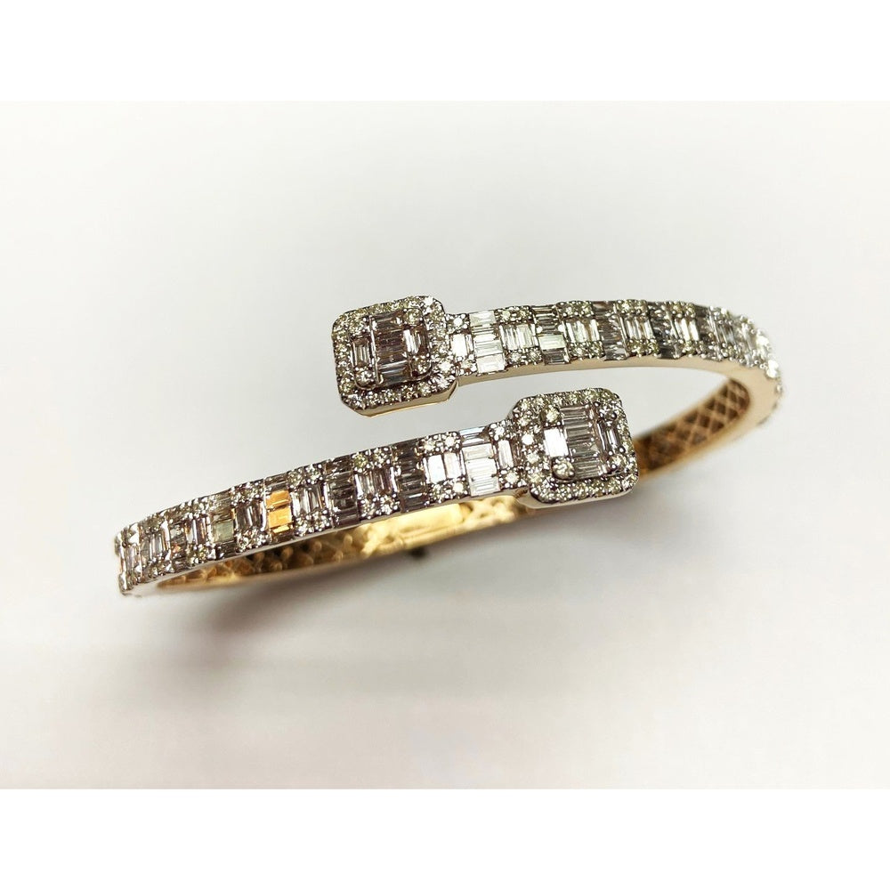 14K Yellow Gold Bypass Bangle with Round and Baguette Cluster Diamonds - 6.97 Carat Total Diamond Weight by Auriventus