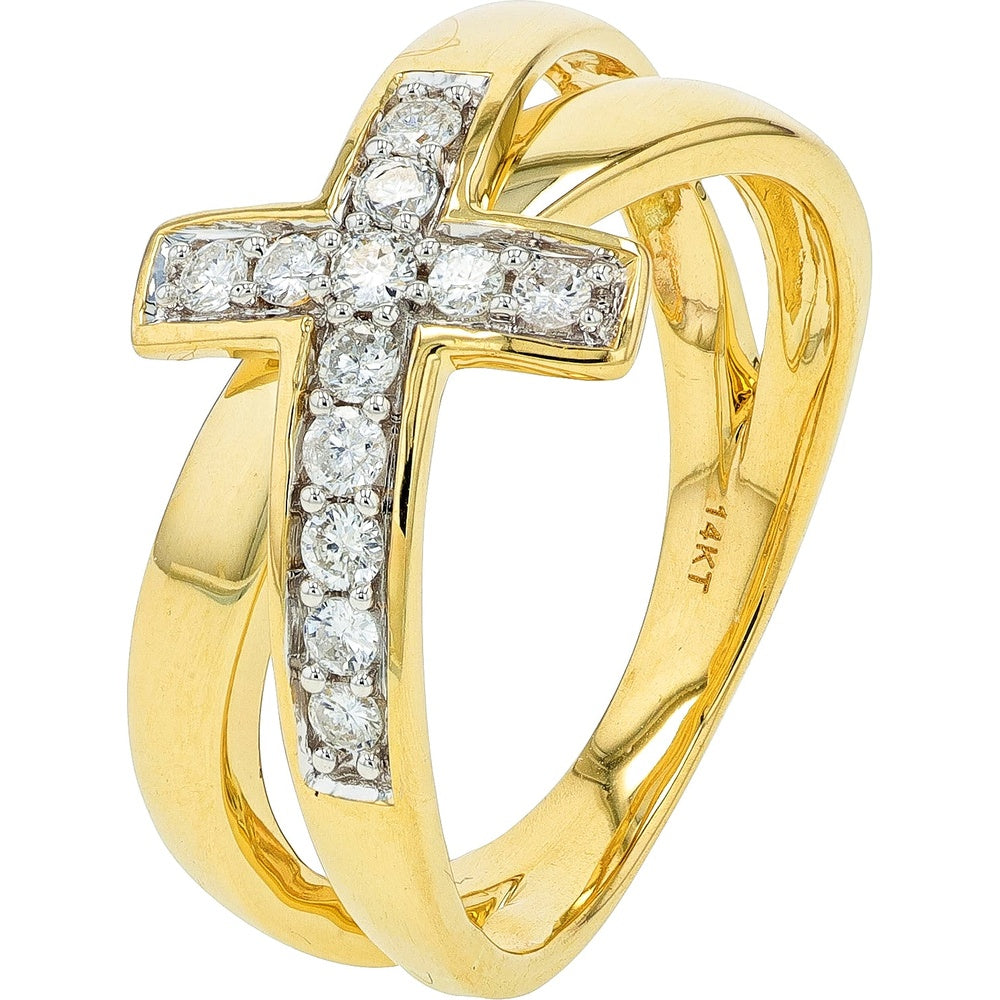 14K Yellow Gold Bypass Cross Ring with Pave-Set Round Diamonds - 0.25 Carat Total Diamond Weight