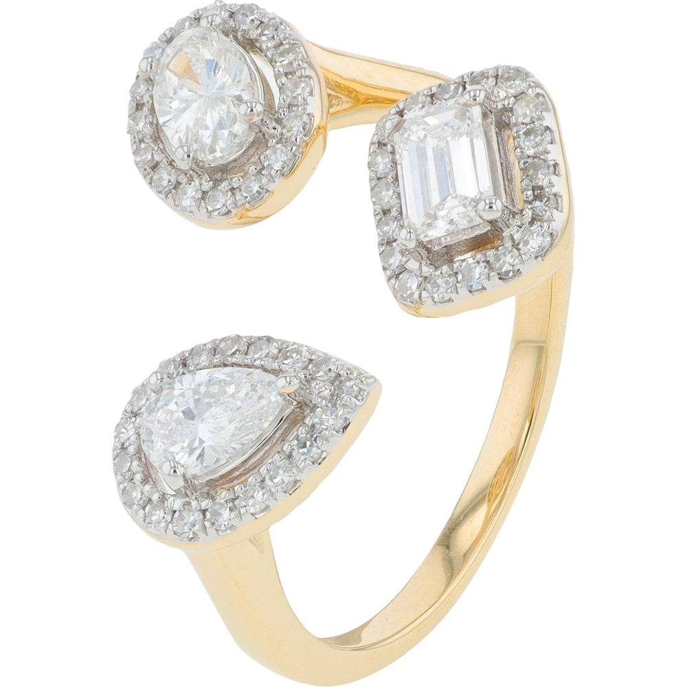 14K Yellow Gold Bypass Cuff Ring with Oval, Emerald, and Pear Lab-Grown Diamonds in Halo Settings - 1.00 Carat Total Diamond Weight