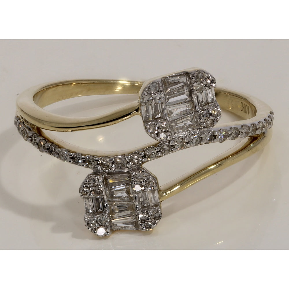 14K Yellow Gold Bypass Fashion Ring with Baguette and Round Diamond Cluster and Pavé Band - 0.36 Carat Total Diamond Weight by Auriventus