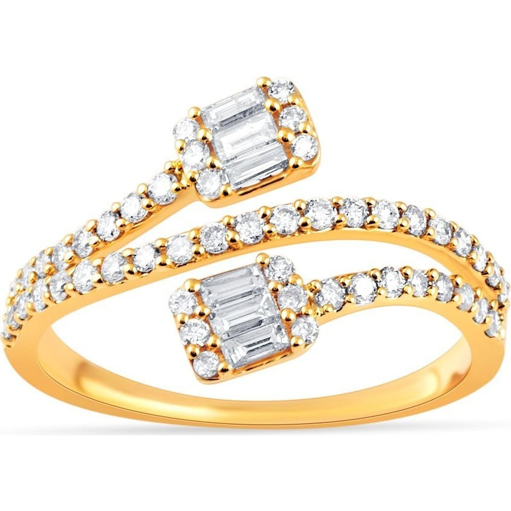 14K Yellow Gold Bypass Fashion Ring with Baguette and Round Diamond Halo Clusters - 0.54 Carat Total Diamond Weight by Auriventus