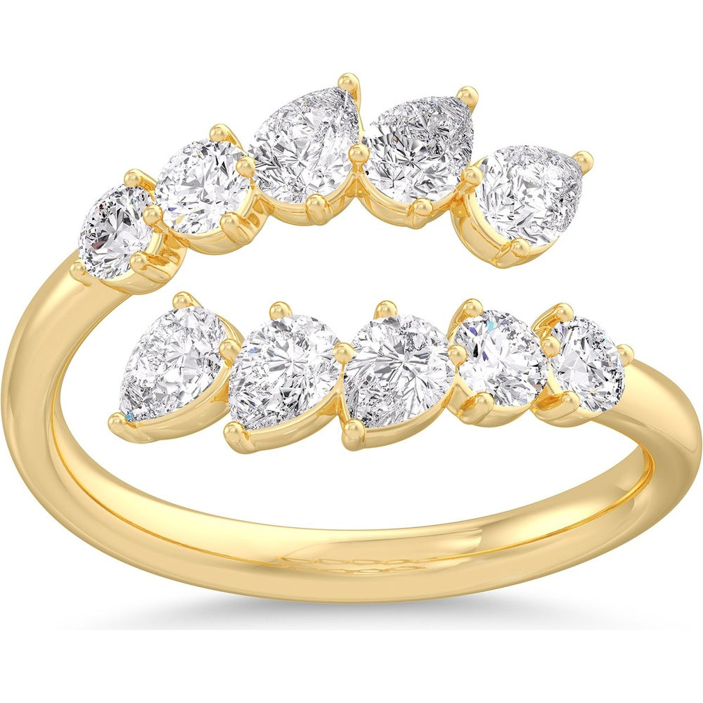 14K Yellow Gold Bypass Fashion Ring with Round and Pear-Shaped Diamonds - 1.29 Carat Total Diamond Weight by Auriventus