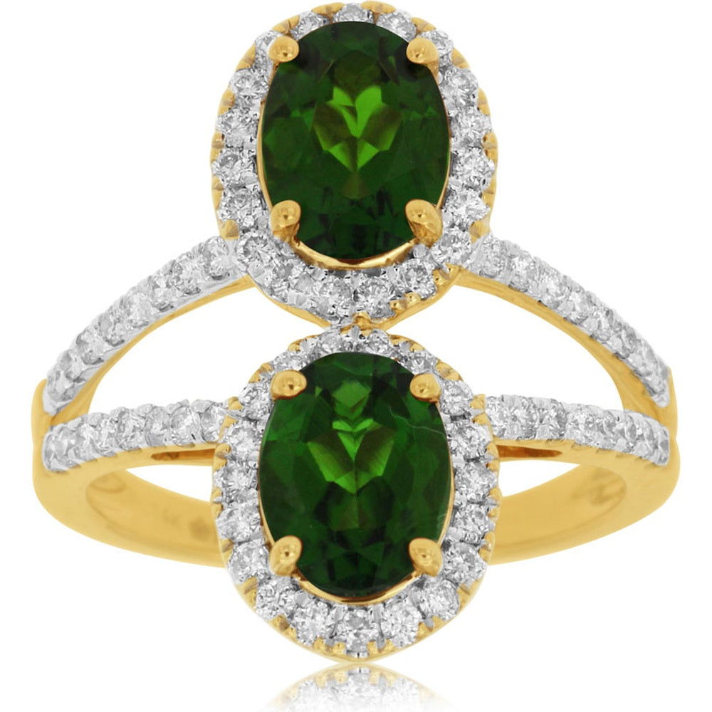14K Yellow Gold Bypass Halo Ring with 2.60 Carat Oval Russalite and 0.66 Carat Round Diamonds - Royal Jewelry