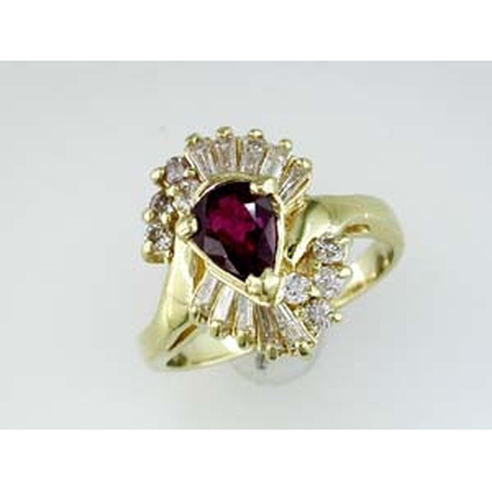 14K Yellow Gold Bypass Halo Ring with Pear-Shaped Ruby and Baguette & Round Diamonds - 1.22 Carat Total Diamond Weight - Royal Jewelry
