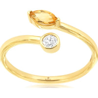 14K Yellow Gold Bypass Open Shank Ring with Marquise Citrine and Bezel-Set Diamond - 0.28 Carat Citrine, 0.10 Carat Diamond - Royal Jewelry
