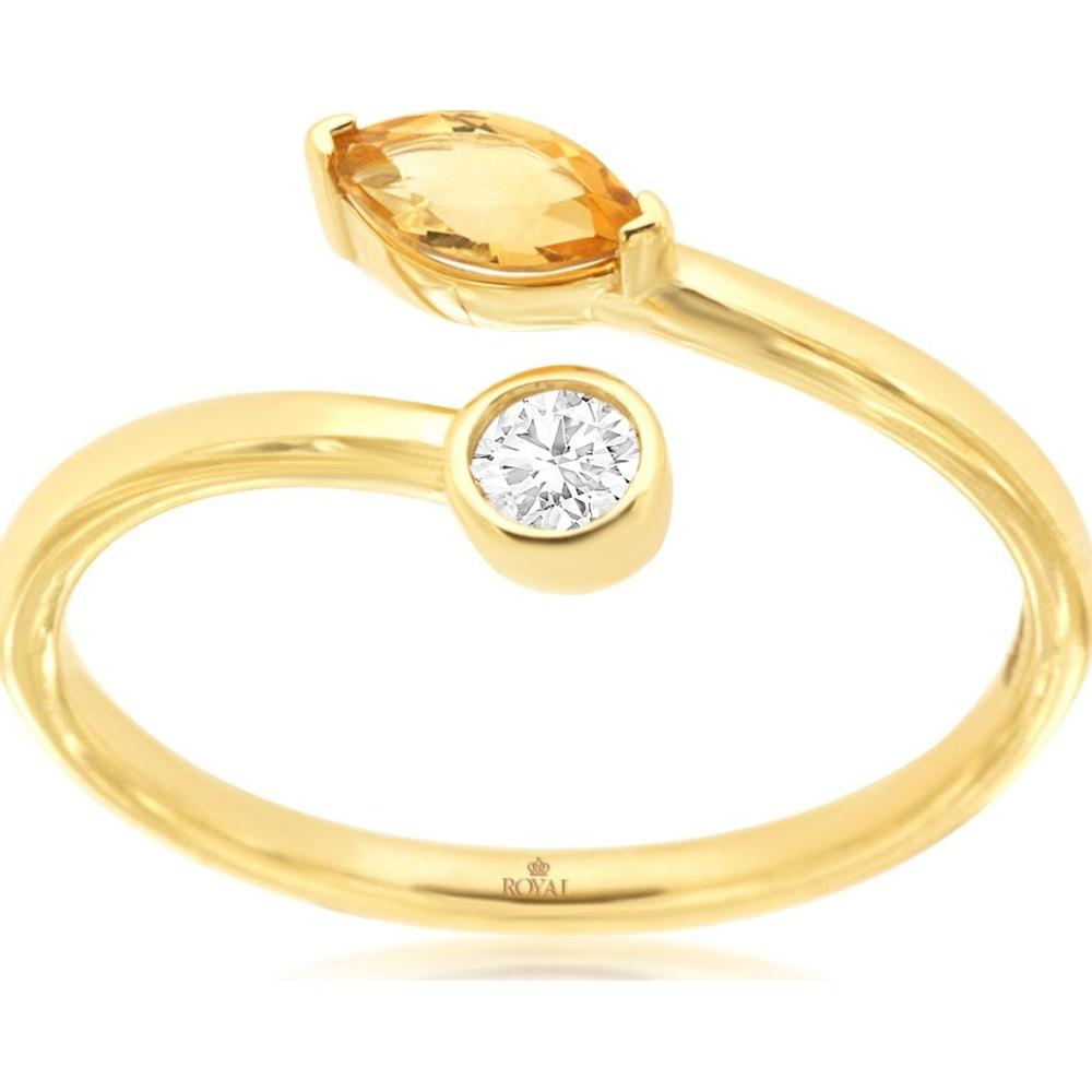 14K Yellow Gold Bypass Open Shank Ring with Marquise Citrine and Bezel-Set Diamond - 0.28 Carat Citrine, 0.10 Carat Diamond - Royal Jewelry