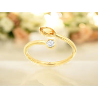 14K Yellow Gold Bypass Open Shank Ring with Marquise Citrine and Bezel-Set Diamond - 0.28 Carat Citrine, 0.10 Carat Diamond - Royal Jewelry