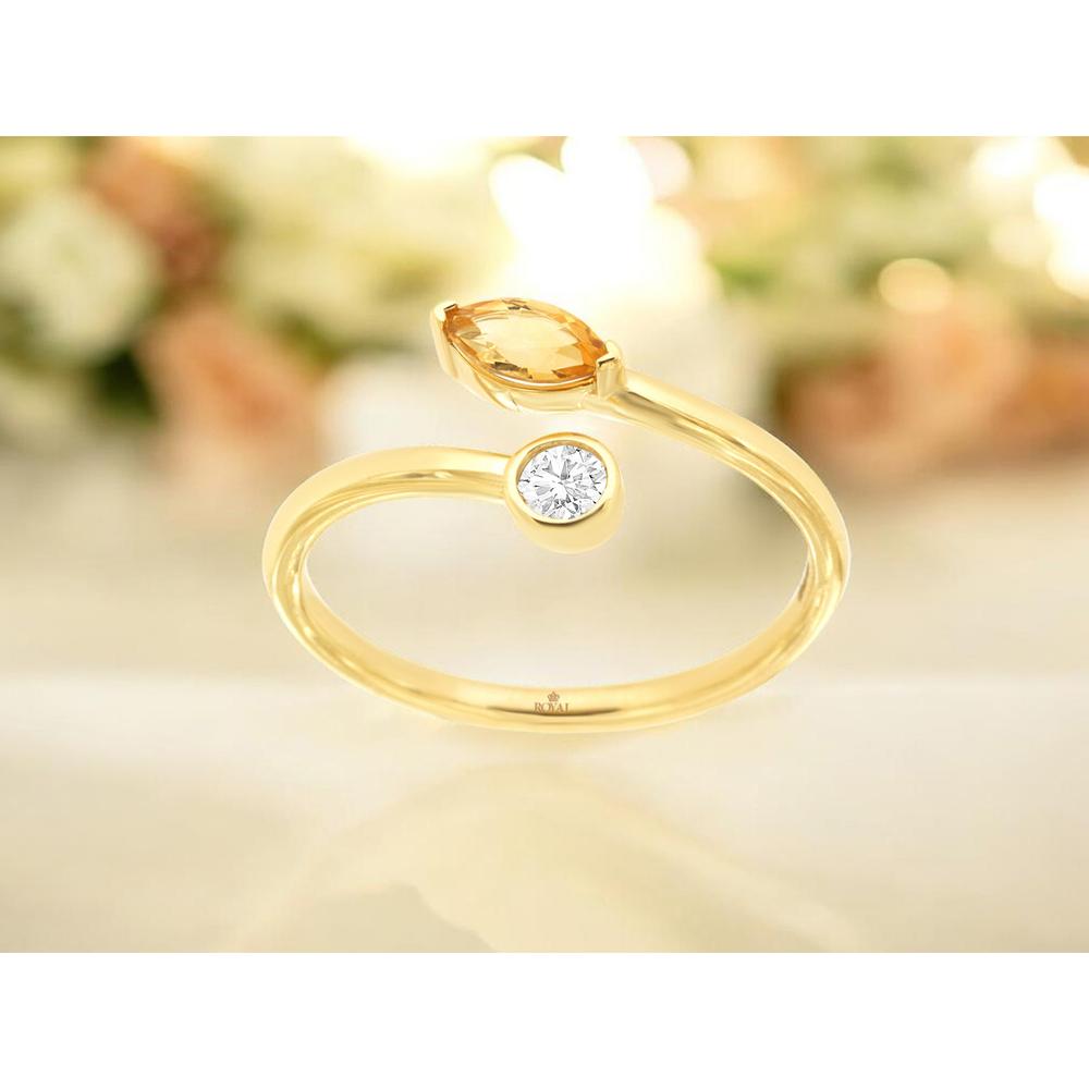 14K Yellow Gold Bypass Open Shank Ring with Marquise Citrine and Bezel-Set Diamond - 0.28 Carat Citrine, 0.10 Carat Diamond - Royal Jewelry