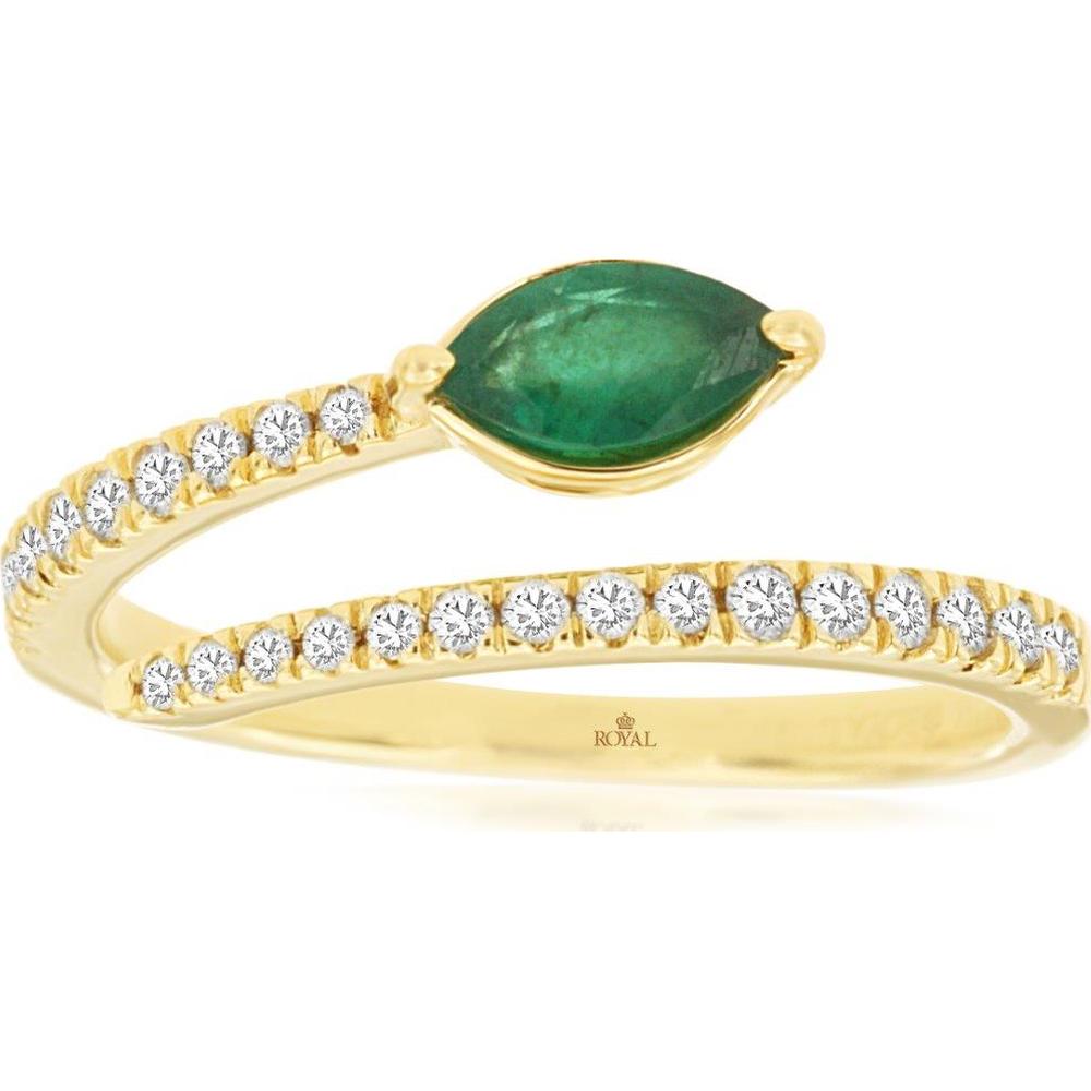 14K Yellow Gold Bypass Ring with 0.35 Carat Marquise Emerald and 0.24 Carat Round Diamond Accents - Royal Jewelry