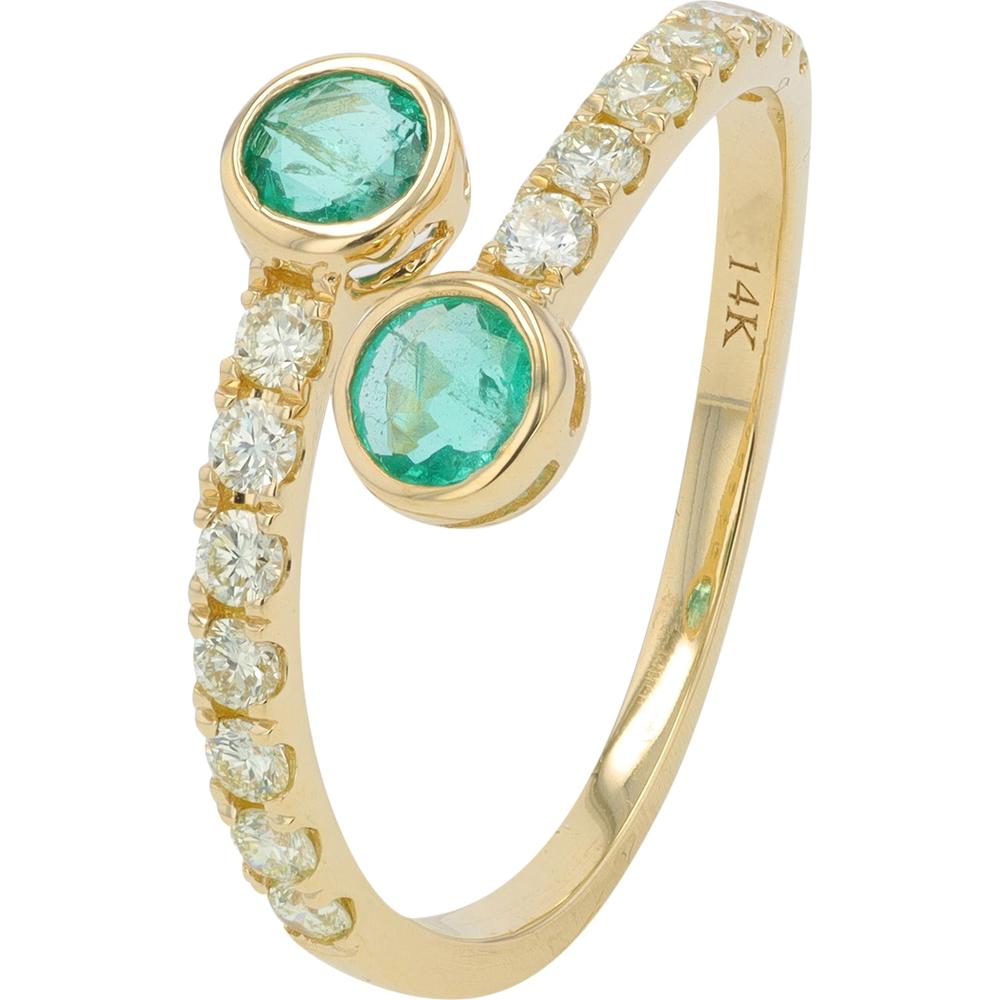 14K Yellow Gold Bypass Ring with 0.55 - 0.75 Carat Bezel - Set Emeralds and 0.30 Carat Round Diamond Accents
