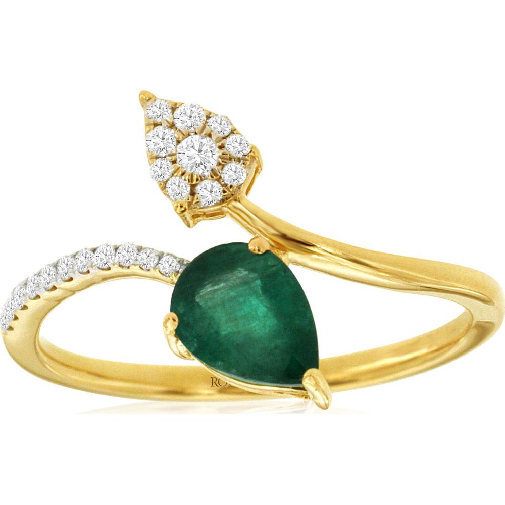 14K Yellow Gold Bypass Ring with 0.68 Carat Pear-Cut Emerald and 0.12 Carat Diamond Cluster - Royal Jewelry
