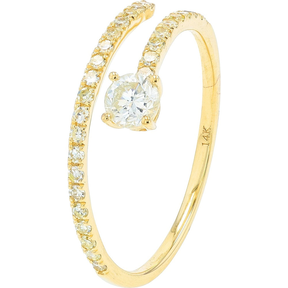 14K Yellow Gold Bypass Ring with 4-Prong Set Round Diamond and Pavé Accents - 0.50 Carat Total Diamond Weight