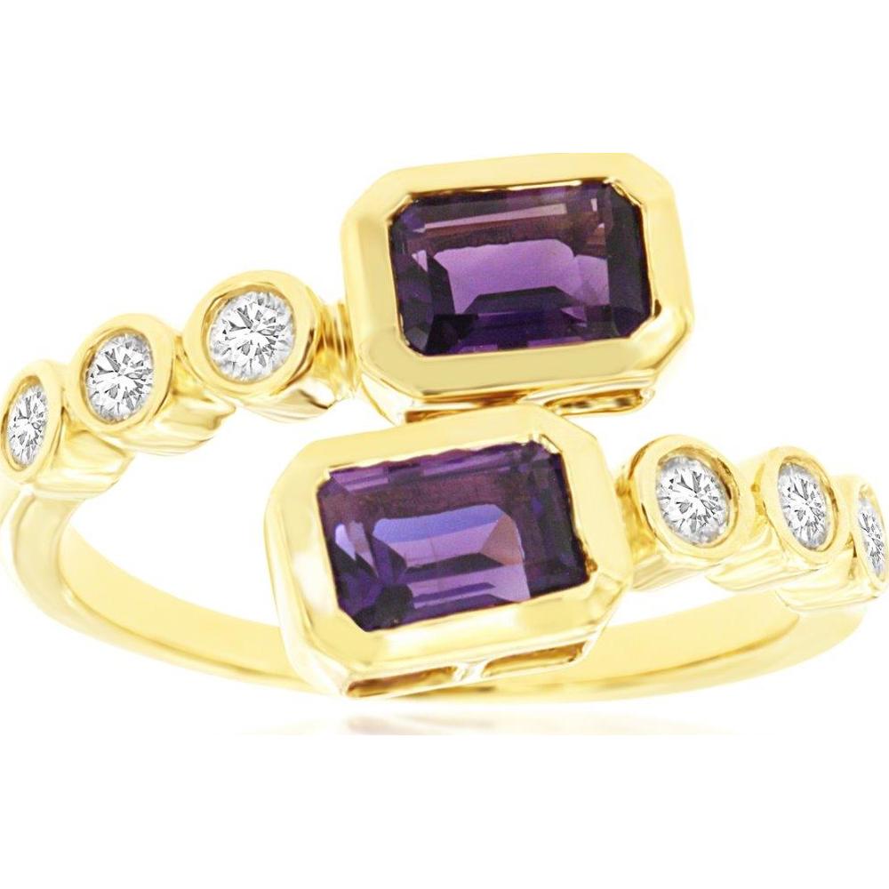 14K Yellow Gold Bypass Ring with Bezel-Set Emerald Cut Amethysts and Round Diamond Accents - 1.30 Carat Amethyst, 0.25 Carat Diamond Total Weight - Royal Jewelry