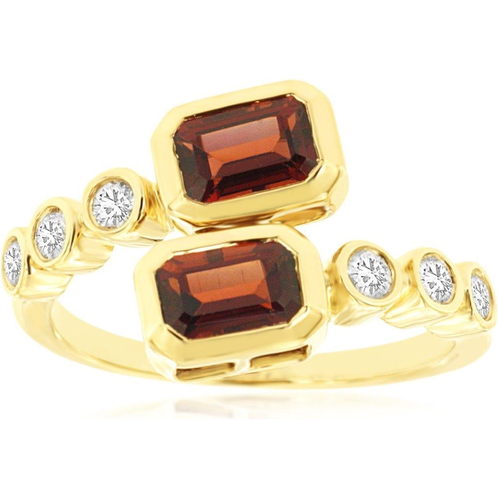14K Yellow Gold Bypass Ring with Bezel-Set Emerald Cut Garnets and Round Diamonds - 1.50 Carat Total Garnet Weight and 0.25 Carat Total Diamond Weight - Royal Jewelry