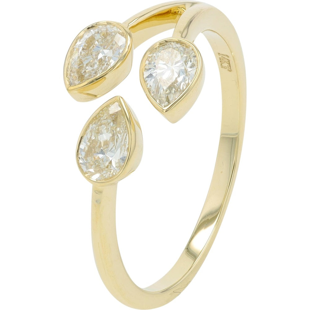 14K Yellow Gold Bypass Ring with Bezel-Set Pear Cut Diamonds - 0.75 Carat Total Diamond Weight