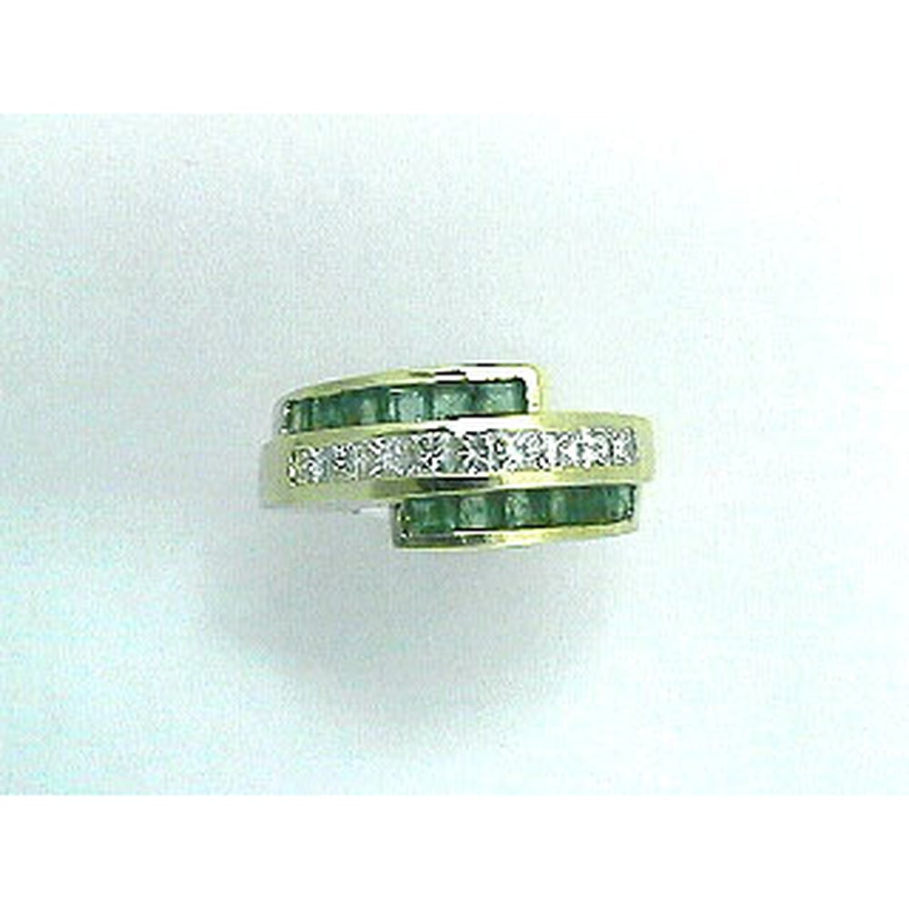14K Yellow Gold Bypass Ring with Channel-Set Round Diamonds and Princess-Cut Emeralds - 0.72 Carat Total Diamond Weight and 0.90 Carat Total Emerald Weight - Royal Jewelry