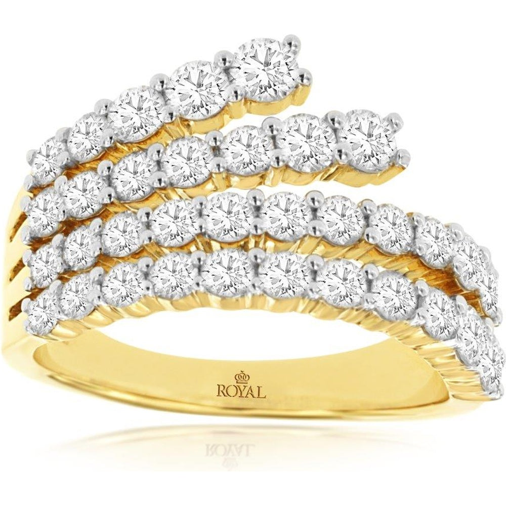 14K Yellow Gold Bypass Ring with Four Rows of Round Diamonds - 1.80 Carat Total Diamond Weight - Royal Jewelry