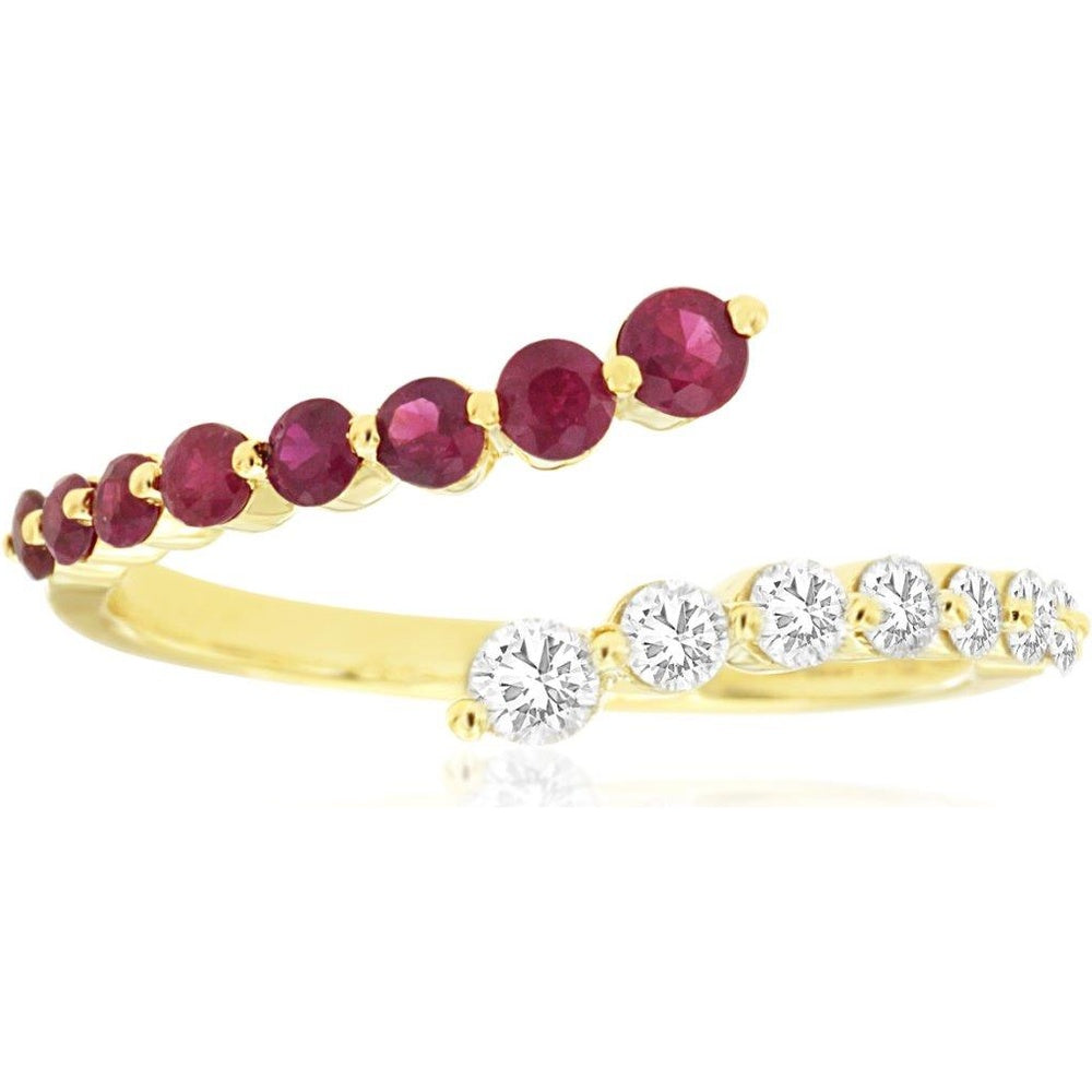 14K Yellow Gold Bypass Ring with Graduated Round Rubies and Round Diamonds - 0.40 Carat Ruby and 0.30 Carat Diamond Total Weight - Royal Jewelry