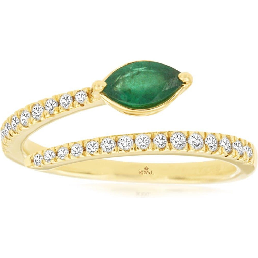 14K Yellow Gold Bypass Ring with Marquise Cut Emerald and Pavé Set Round Diamonds - 0.35 Carat Emerald and 0.24 Carat Total Diamond Weight - Royal Jewelry