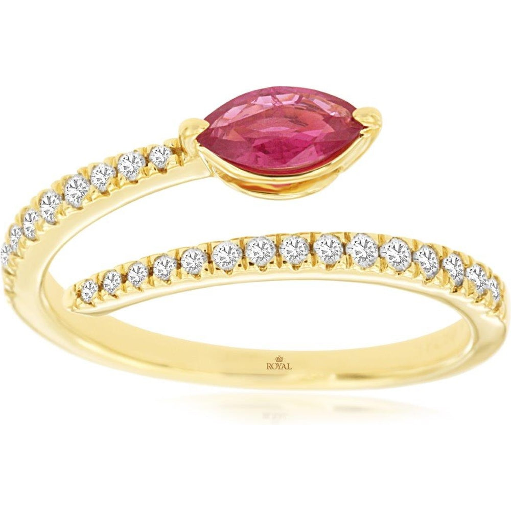 14K Yellow Gold Bypass Ring with Marquise Cut Ruby and Round Diamond Accents - 0.40ct Ruby and 0.24ct Total Diamond Weight - Royal Jewelry