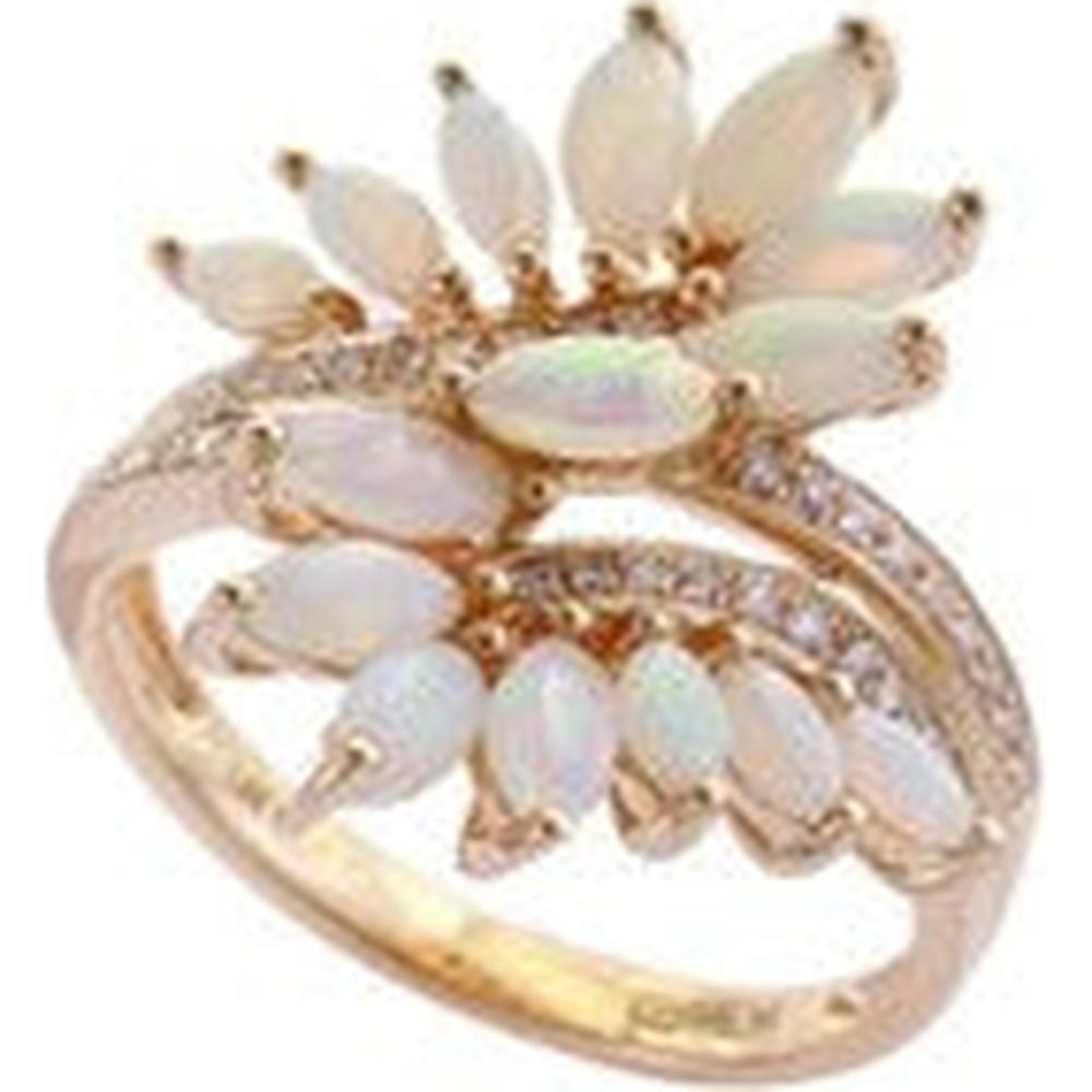 14K Yellow Gold Bypass Ring with Marquise Opals (1.60 Carat Total) and Diamond Accents (0.15 Carat Total)