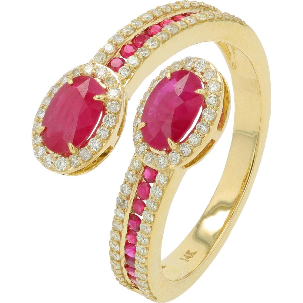 14K Yellow Gold Bypass Ring with Oval Rubies and Diamond Halo - 1.50 Carat Total Ruby Weight / 0.40 Carat Total Diamond Weight