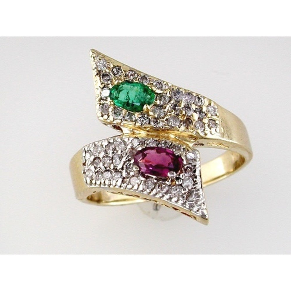 14K Yellow Gold Bypass Ring with Pave Set Round Diamonds and Oval Cut Emerald and Ruby Gemstones - 0.53 Carat Total Diamond Weight - Royal Jewelry
