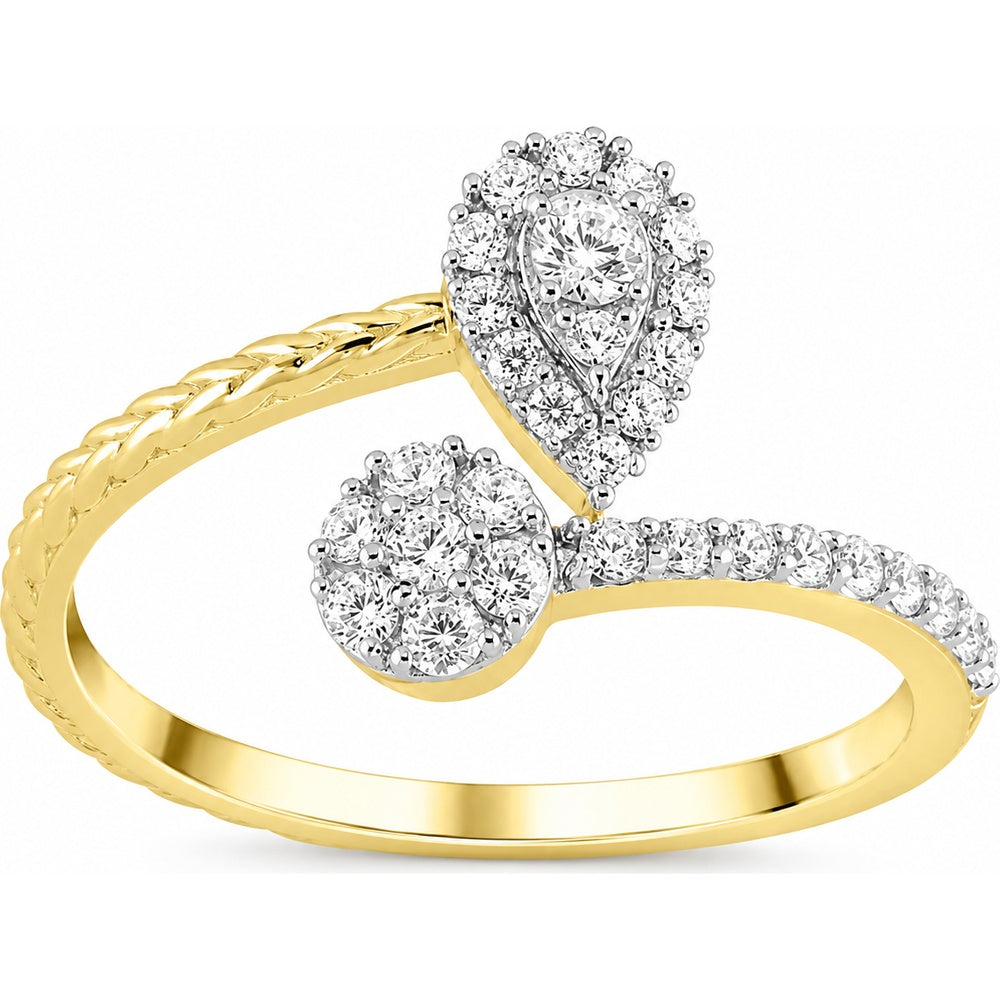 14K Yellow Gold Bypass Ring with Pear Diamond Halo Cluster and Round Diamond Accents - 0.35 Carat Total Diamond Weight by Auriventus