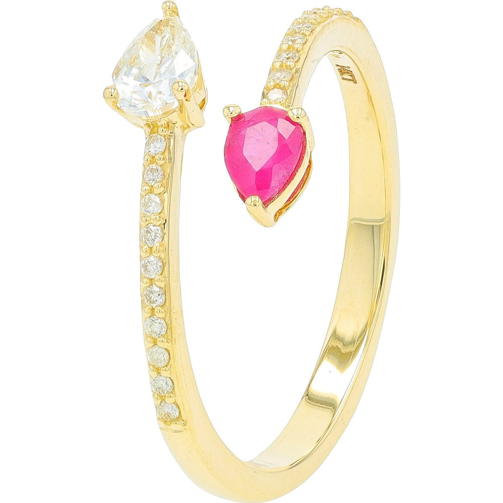 14K Yellow Gold Bypass Ring with Pear-Shaped Diamond and Pink Sapphire - 0.33 Carat Total Diamond Weight and 0.25 Carat Sapphire Weight