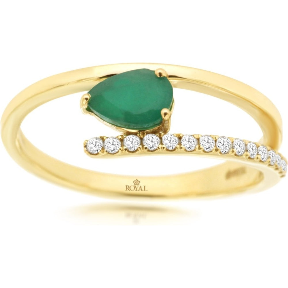 14K Yellow Gold Bypass Ring with Pear-Shaped Emerald and Round Diamond Accents - 0.45 Carat Emerald and 0.11 Carat Total Diamond Weight - Royal Jewelry