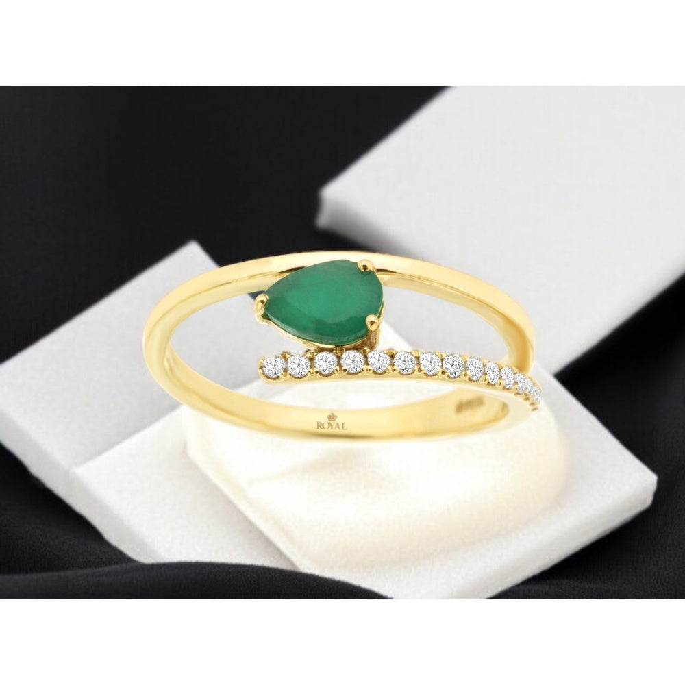 14K Yellow Gold Bypass Ring with Pear-Shaped Emerald and Round Diamond Accents - 0.45 Carat Emerald and 0.11 Carat Total Diamond Weight - Royal Jewelry