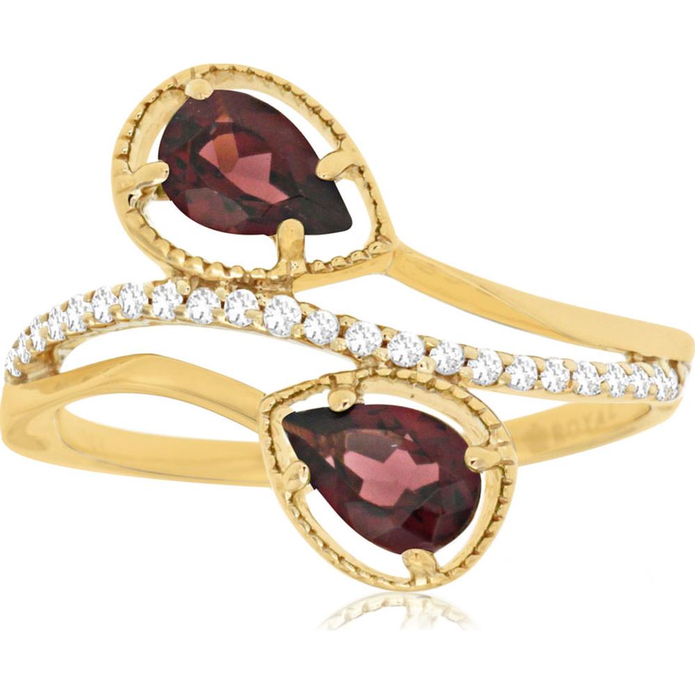 14K Yellow Gold Bypass Ring with Pear Shaped Rhodolite and Diamond Accents - 1.00 Carat Rhodolite Total Weight, 0.12 Carat Diamond Total Weight - Royal Jewelry