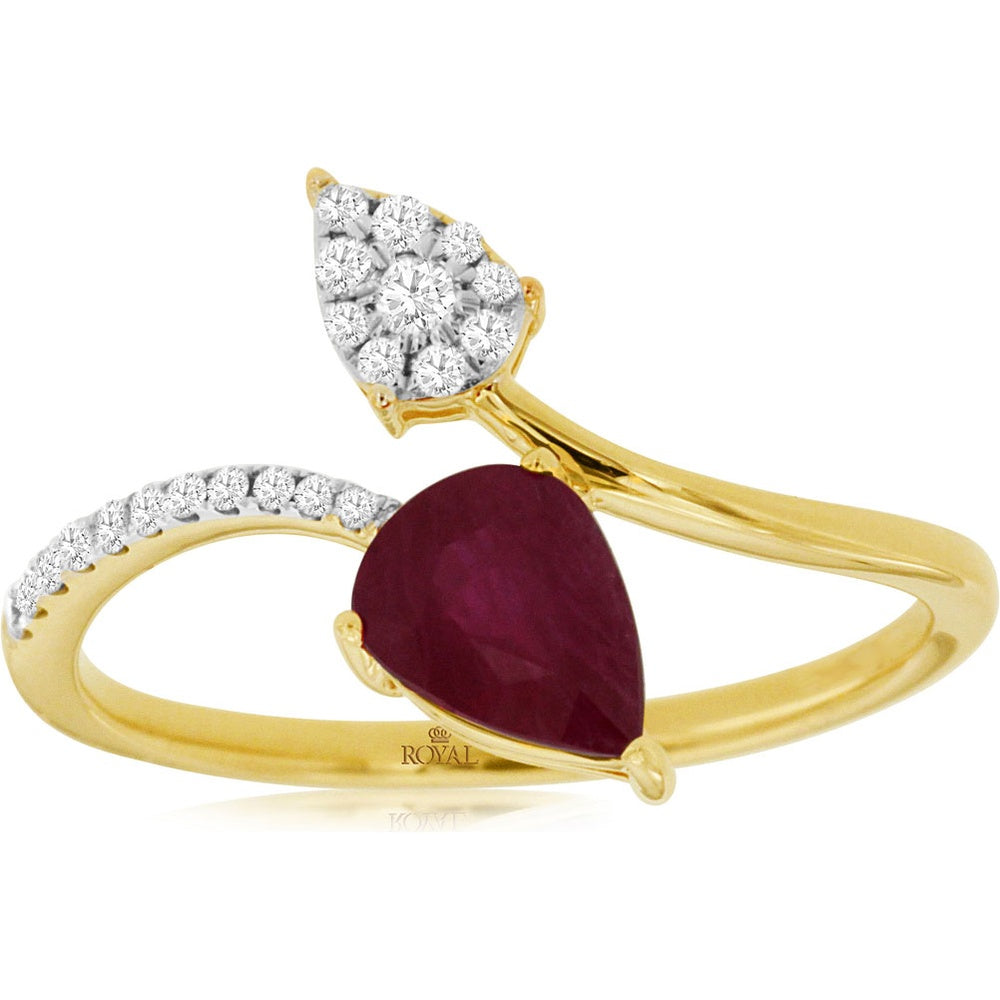 14K Yellow Gold Bypass Ring with Pear-Shaped Ruby and Diamond Cluster - 0.75 Carat Ruby and 0.12 Carat Diamond Total Weight - Royal Jewelry