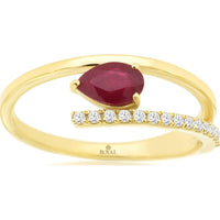 14K Yellow Gold Bypass Ring with Pear Shaped Ruby and Round Diamond Accents - 0.52 Carat Ruby, 0.11 Carat Total Diamond Weight - Royal Jewelry