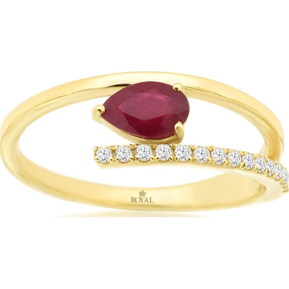 14K Yellow Gold Bypass Ring with Pear Shaped Ruby and Round Diamond Accents - 0.52 Carat Ruby, 0.11 Carat Total Diamond Weight - Royal Jewelry