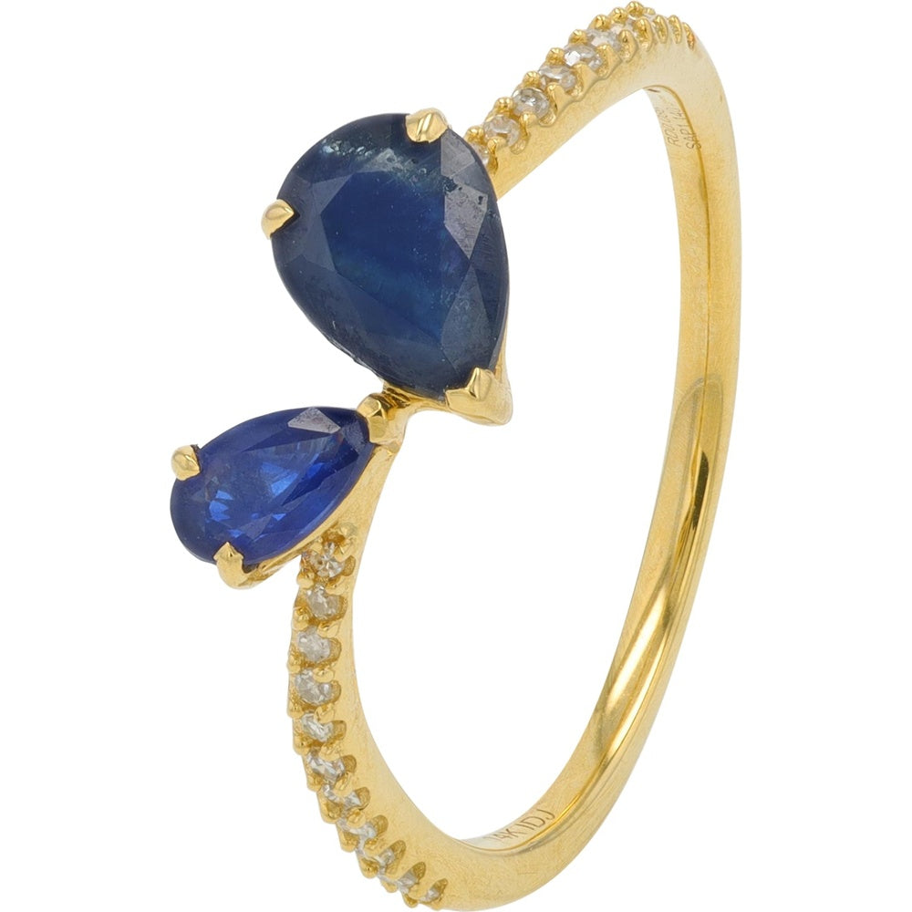 14K Yellow Gold Bypass Ring with Pear-Shaped Sapphires and Pavé Diamond Accents - 0.07 Carat Total Diamond Weight, 0.40 Carat-0.50 Carat Total Sapphire Weight