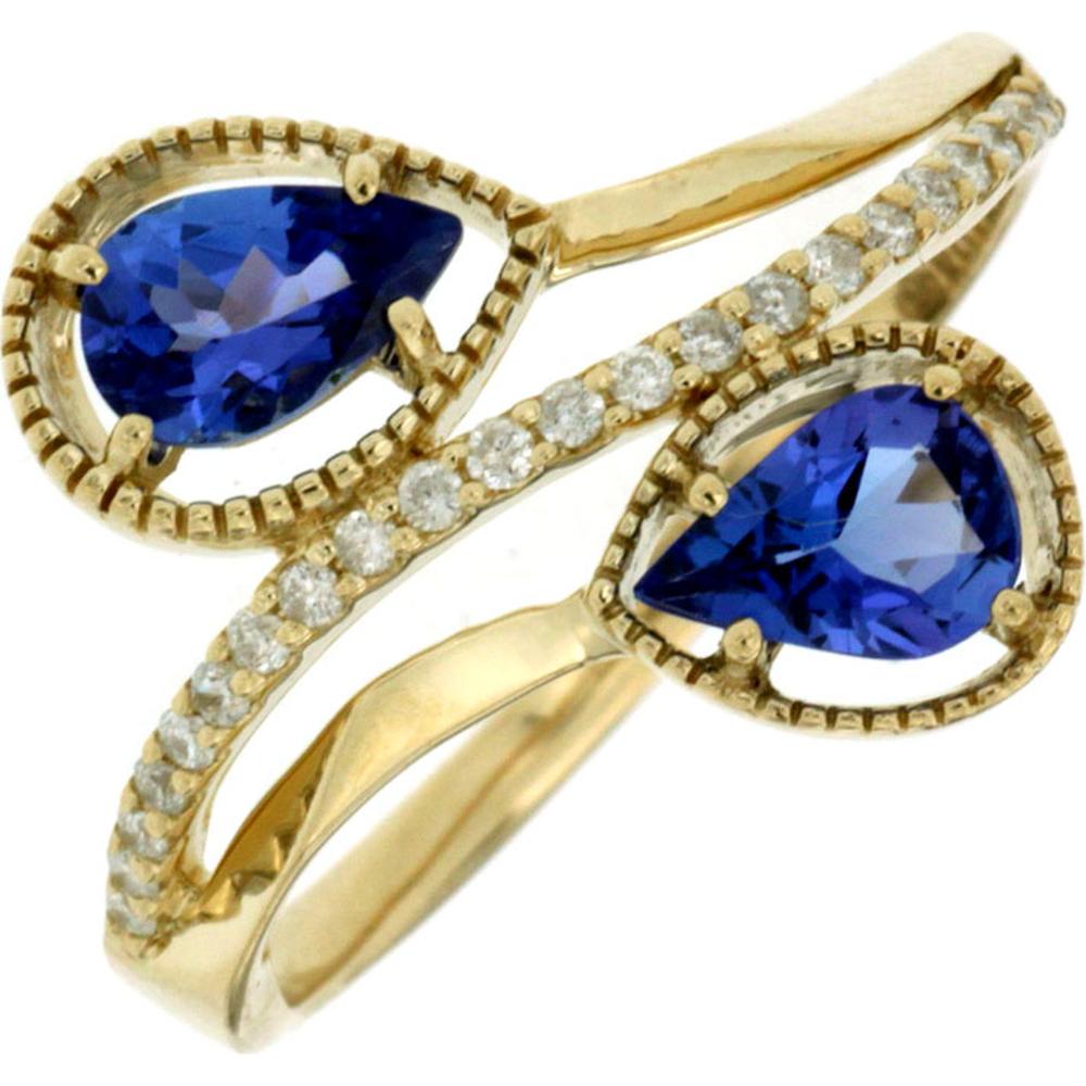 14K Yellow Gold Bypass Ring with Pear-Shaped Tanzanites and Diamond Accents - 0.84 Carat Total Tanzanite Weight, 0.12 Carat Total Diamond Weight - Royal Jewelry