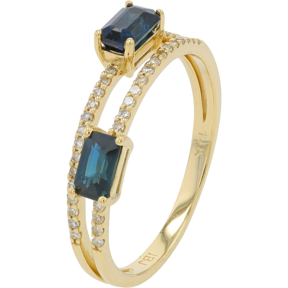 14K Yellow Gold Bypass Ring with Prong-Set Emerald Cut Sapphires and Round Diamond Accents - 0.60-0.85 Carat Sapphire Total Weight
