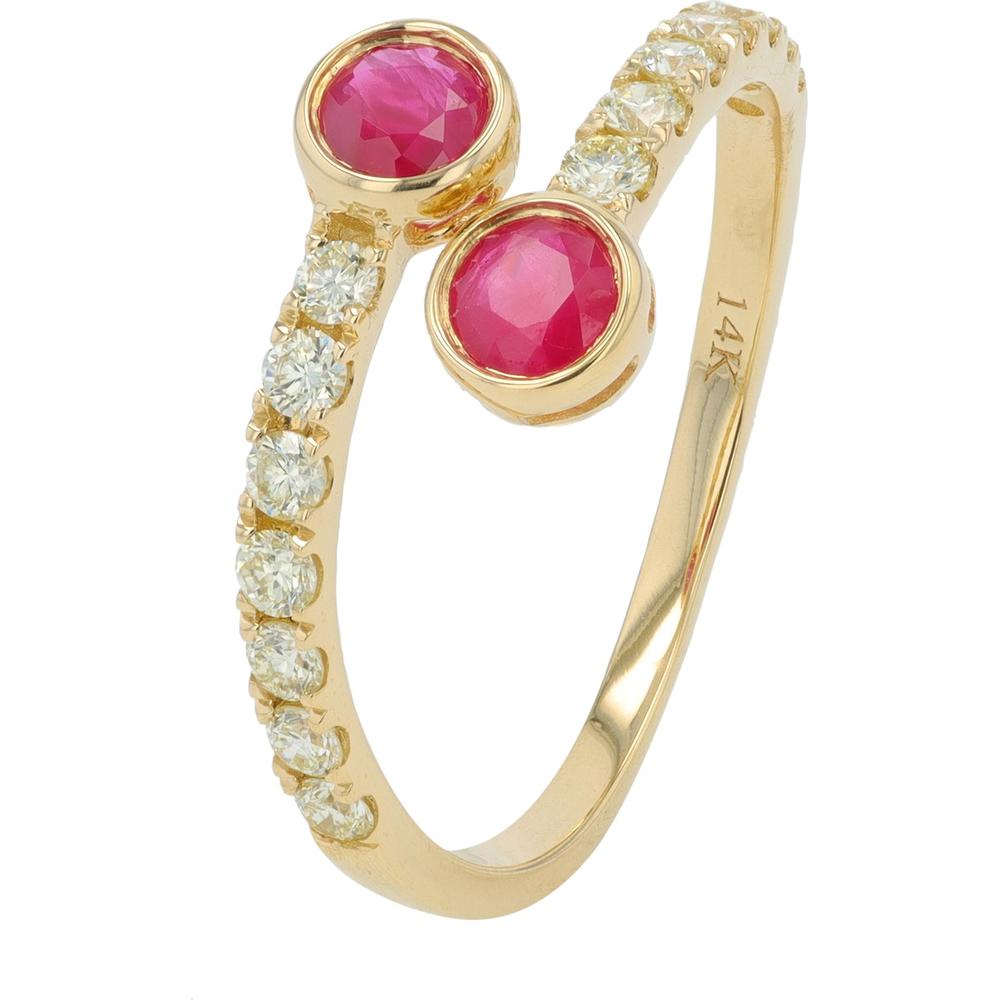 14K Yellow Gold Bypass Ring with Ruby and Diamond Accents - 0.30 Carat Total Diamond Weight, 0.55 - 0.75 Carat Total Ruby Weight