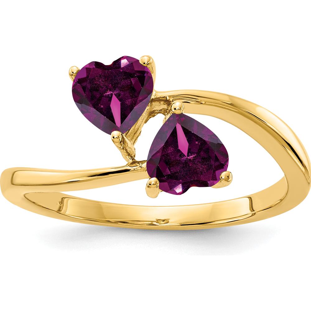 14K Yellow Gold Bypass Ring with Two 5mm Heart Rhodolite Garnets - 1.20 Carat Total Gem Weight by Monteluci Fine Jewelry