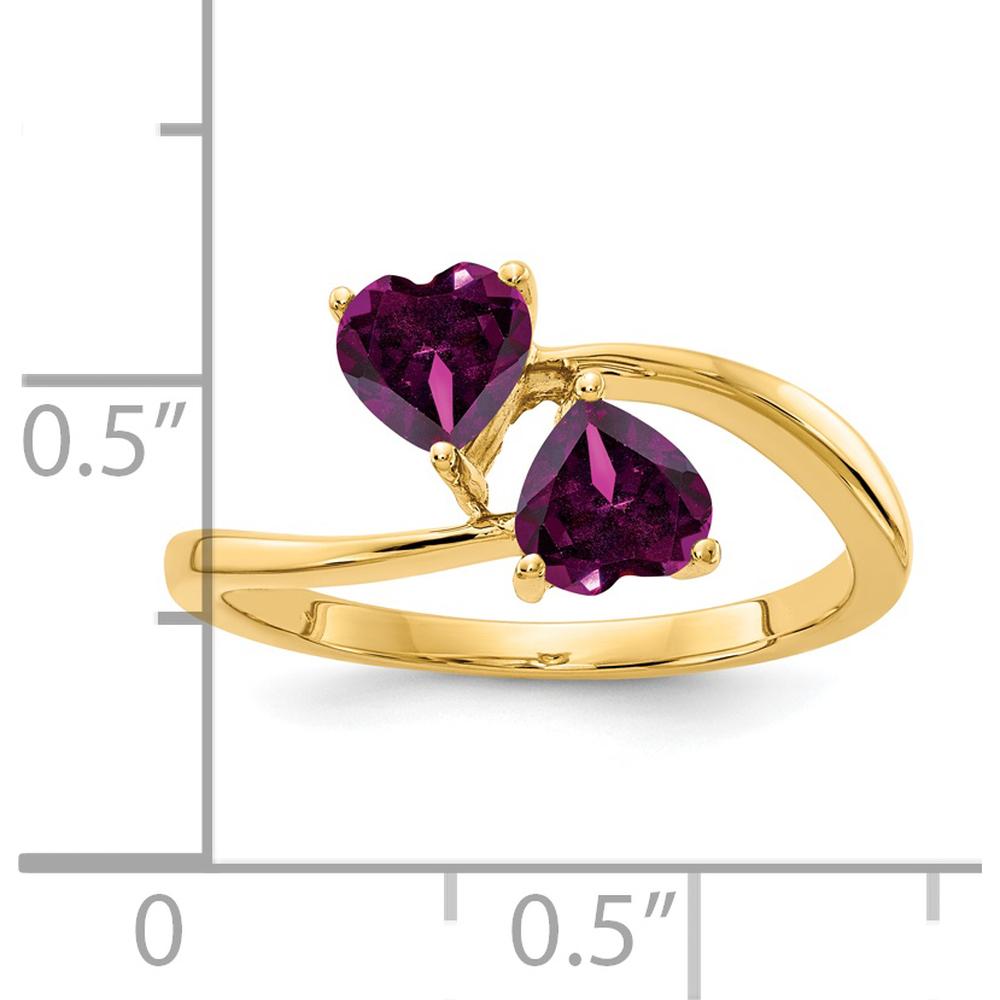 14K Yellow Gold Bypass Ring with Two 5mm Heart Rhodolite Garnets - 1.20 Carat Total Gem Weight by Monteluci Fine Jewelry