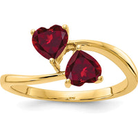 14K Yellow Gold Bypass Ring with Two 5mm Heart-Shaped Lab-Created Rubies by Monteluci Fine Jewelry