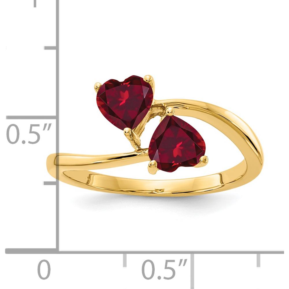 14K Yellow Gold Bypass Ring with Two 5mm Heart-Shaped Lab-Created Rubies by Monteluci Fine Jewelry