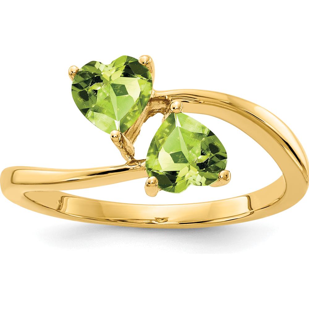 14K Yellow Gold Bypass Ring with Two 5mm Heart-Shaped Peridots - 0.48 Carat Total Gem Weight by Monteluci Fine Jewelry